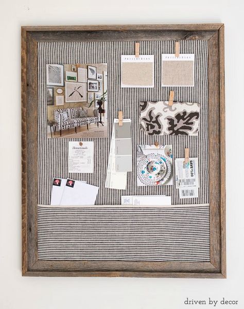 Get organized! Sharing a quick and easy DIY tutorial for making a fabric-covered, framed cork bulletin board with a catch-all fabric pocket. Diy Framed Cork Board, Diy Cork Board Ideas, Office Bulletin Boards, Fabric Bulletin Board, Diy Cork Board, Diy Bulletin Board, Driven By Decor, Rustic Office, Cork Bulletin Boards