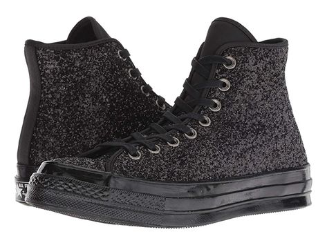 Converse Chuck 70 Glitter - Hi (Black/Black/Black) Women's Lace up casual Shoes. Bring some added glitz to a classic with the Converse Chuck 70 Glitter - Hi. This style runs a half size large. If you wear Men's or Women's size 9  please choose a size 8.5. Canvas upper with glitter detailing. Canvas lining with a cushioned footbed for all-day comfort. Lace-up front with metallic eyelet details. Aged detailing on sidewall and ou #Converse #Shoes #ClosedFootwear #Laceupcasual #Black Beach Motivation, Island Fashion, Converse Chuck 70, Black High Tops, Chuck 70, Womens Converse, Brands Outlet, Women Lace, Converse Chuck