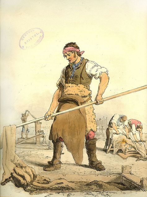 A Worker in a Fellmonger's Yard by W H Pyne, 1805 by Bristol Libraries, via Flickr Historical Workwear, Regency Era Fashion Poor, 1920 Factory Worker, 18th Century Longhunter, Victorian Age, Royal Collection Trust, The Barber, Career Choices, Vintage Illustration Art