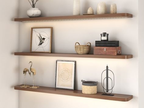 Rounded Corner Lighted Floating Shelf | J Thomas Home Floating Shelf Bar, Led Floating Shelves, Heavy Duty Shelves, Shelf Bar, Floating Kitchen Shelves, Floating Kitchen, Shelf Light, Wood Floating Shelf, Bar Shelves