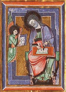 The Evangelist St. Matthew with his symbol the angel, 1150 - 1200. National Library of the Netherlands, Public Domain Vila Medieval, Writers Conference, San Gregorio, St Albans, Writers Block, Medieval Art, 12th Century, Illuminated Manuscript, Old Art