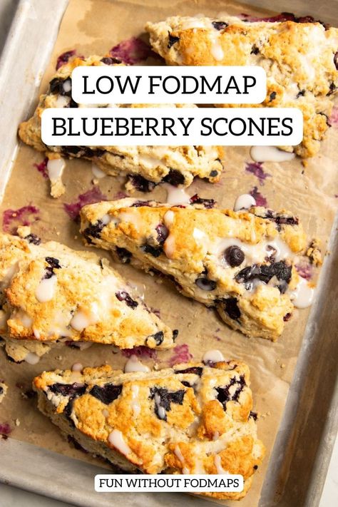 Start your day with fruit-filled low FODMAP blueberry scones! Perfect for breakfast or brunch, these scrumptious gluten-free baked goods are topped with a sweet lemon glaze. Ready in 1 hour with just 11 ingredients. #lowfodmap Low Fodmap Scone Recipes, Ibs Friendly Breakfast, Low Fodmap Muffins, Low Fodmap Breakfast Recipes, Fodmap Sweets, Ibs Diet Recipes, Low Fodmap Breakfast, Fodmap Baking, Fodmap Recipes Dinner