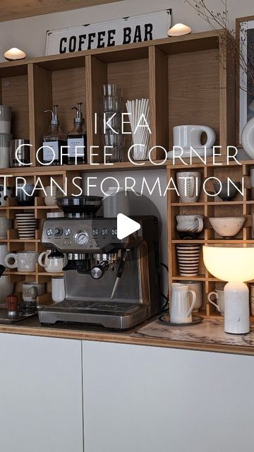 Upcycle Corner Shelf, Ikea Coffee Corner, Ikea Coffee Station, Coffee Corner Decor, Ikea Kitchen Shelves, Cofee Bar, Ikea Must Haves, Diy Coffee Station, Coffee Stations