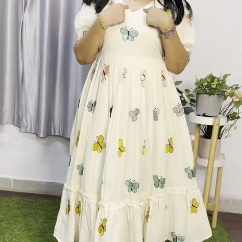 Look stylish and walk in comfort with our New white 🤍 colour Midi dress with stylish puff sleeves with butterfly 🦋 embroidery all over the dress. 🧶 *Fabric - cotton with lining* 👗 *_Type - midi kurti_* 🧵 *Work - puff sleeves & full embroidery work front & back side* 📏 *Size - 38/40/42/44/46* DM for orders #mididress #dress #cottondress #butterflydress #embroiderydress #whitedresses #happyshopping #OnlineShopping #FreeShipping Cotton Frocks, Butterfly Embroidery, Butterfly Dress, White Colour, Embroidery Dress, Look Stylish, Embroidery Work, Butterfly Design, Dress Fabric