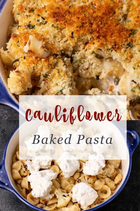 Creamy baked cauliflower and pasta has surprise pockets of cheese with a crunchy topping that is comfort food at its best. A bit of lemon and capers add just the right touch for a side dish or main vegetarian meal. Pasta Bake With Ricotta Cheese, Pasta Bake With Ricotta, Cauliflower Pasta Bake, Recipe For Cauliflower, Cauliflower Casserole Recipes, Cauliflower Pasta, Potato Pasta, Ricotta Recipes, Cheesy Cauliflower