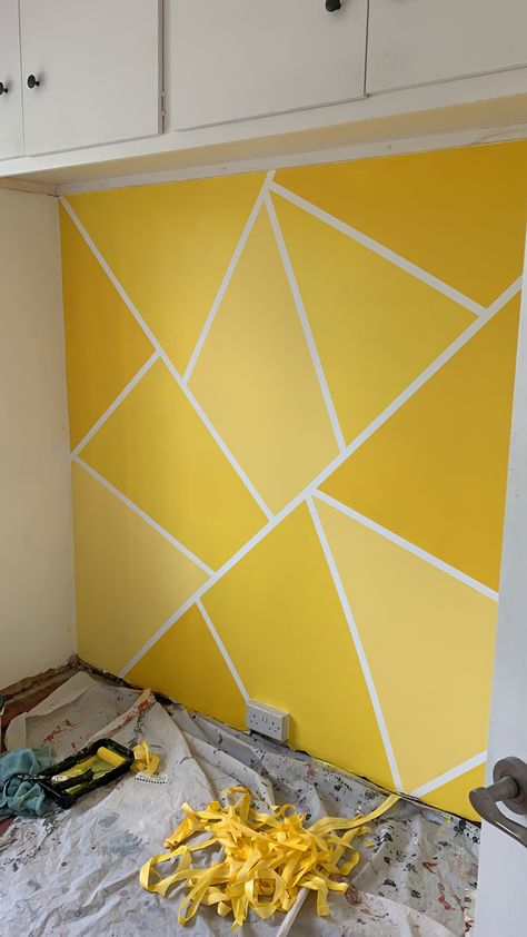 Yellow feature wall in nursery for unknown gender baby. Nursery With Yellow Accents, Zoning With Paint, Green And Yellow Walls, Yellow Wall Ideas, Fun Accent Wall Ideas Paint, Bright Wall Paint Ideas, Kids Yellow Bedroom, Yellow Wall Painting Ideas, Girls Yellow Bedroom Ideas