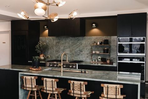 This kitchen is everything we could have dreamed of. Jennifer went with a bold countertop made from Acqua Quartzite. Instead of a traditional tile backsplash, she opted to go with a full-height splash. As a result, you get a super clean and sleek appearance. Bold Island Countertop, Black Honed Countertops Kitchen, Dark Soap Stone Countertops, Black Honed Quartz Countertop, Black Diamond Quartzite Honed, Quartzite Kitchen Countertops, Quartzite Kitchen, Ad Kitchen, Taj Mahal Quartzite