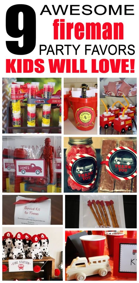 Great fireman party favors kids will love. Fun and cool fireman birthday party favor ideas for children. Easy goody bags, treat bags, gifts and more for boys and girls. Get the best fireman birthday party favors any child would love to take home. Loot bags, loot boxes, goodie bags, candy and more for fireman party celebrations. Birthday Cake For Men Easy, Firetruck Party Favors, Fireman Birthday Party, Awesome Party Favors, Birthday Cupcakes Decoration, Easy Party Favor, Fireman Party, Firetruck Birthday Party, Fire Truck Party