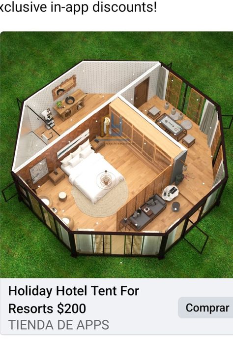 Octagon Bedroom Layout, Mini Resort Ideas, Mini Cabin Ideas, Bell Tent Interior, Hexagon House, Round House Plans, Small Modern House Plans, Camping Pod, Geodesic Dome Homes