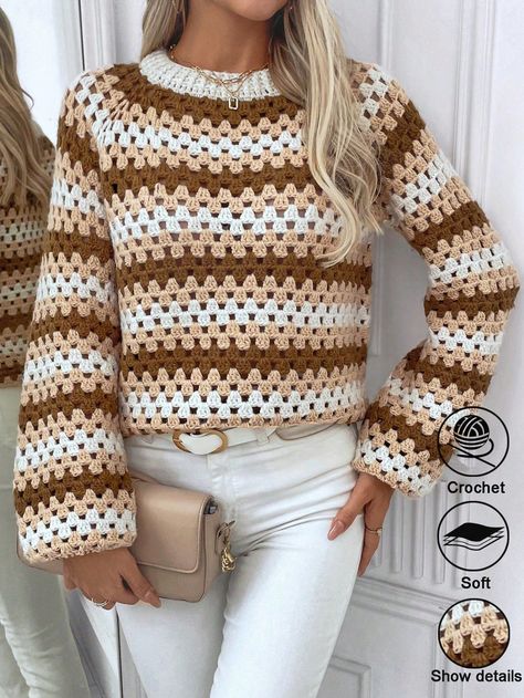 Handmade Crocheted Colorblock Striped Sweater For Women Multicolor Casual  Long Sleeve Knitwear Geometric,Striped Pullovers High Stretch  Women Clothing, size features are:Bust: ,Length: ,Sleeve Length: