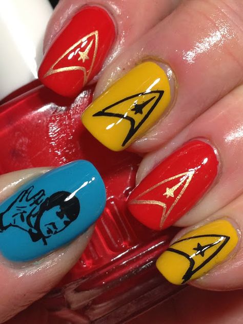 Star Trek Nails Design, Star Trek Nail Art, Star Trek Nails, Nerdy Nails, Jim Kirk, Nails Space, Star Trek Wedding, Star Wars Wedding Theme, Live Long And Prosper