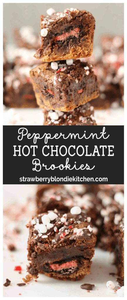 These Peppermint Hot Chocolate Brookies feature a layer of chocolate chip cookies, peppermint sandwich cookies, a layer of brownies and then topped with dark chocolate, crushed peppermint and mini marshmallows. #Brookies #peppermintbrownie #peppermintbrookie #christmasbrookie #brookiescookies #holidaybaking #christmasbaking #candycanebrownies #candycanebrookies  | Strawberry Blondie Kitchen Chocolate Brookies, Cookies Peppermint, Strawberry Blondie, Holiday Brownies, Crushed Peppermint, Peppermint Brownies, Peppermint Hot Chocolate, Chocolate Dessert Recipes, Recipe Board