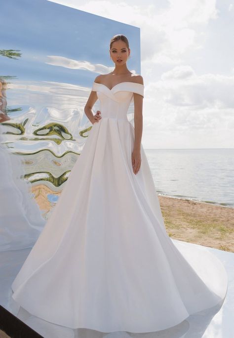 Satin Aline Wedding Dress, Simple Wedding Dress Plus, Modern Classic Wedding Dress, Simple Wedding Dress Plus Size, Bardot Wedding Dress, Wedding Dress Plus Size, Modern Gown, Satin Bridal Gowns, Plus Size Wedding Dress