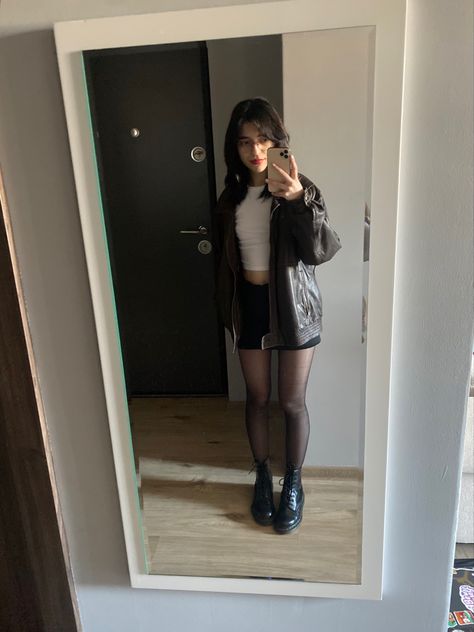 Black Mini Skirt Leather Jacket, Skirt Doc Martens Outfit, Denim Skirt Leather Jacket, Crop Leather Jacket Outfit, Mini Skirt Leather Jacket, Tyler Outfit, Alternative Fits, Skirt With Black Tights, Cas Concert