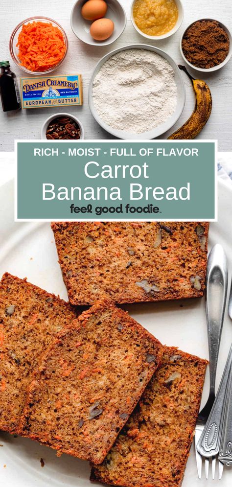 Simple to make and delicious to eat, this carrot banana bread is perfectly moist and full of rich flavors. This quick loaf is perfect for dessert! Banana Carrot Recipes, Carrot Banana Bread, Banana Carrot Bread, Applesauce Recipes, Carrot Bread Recipe, Applesauce Bread, European Butter, Carrot Bread, Banana Bread Recipe Moist