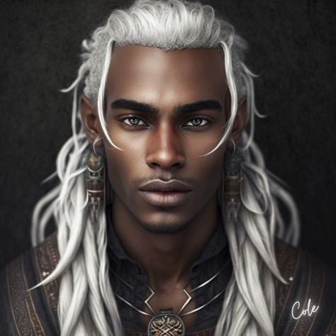 Behold the captivating Ebony Elf Man, a vision of ethereal beauty. With his rich brown skin and flowing white hair, he embodies a rare blend of earthiness and otherworldliness. His distinct pointy ears symbolize his connection to the mystical realms. Graceful and enigmatic, he exudes an aura of ancient wisdom and untamed spirit. Encounter this enchanting being and embark on a journey of fantasy and wonder. White Hair Dark Skin Character Design, Black Character With White Hair, Black Male White Hair, Character Inspiration White Hair, Black Man White Hair, White Hair Male Character, Dark Skin White Hair Character Art, Black Elf Male, White Hair Elf