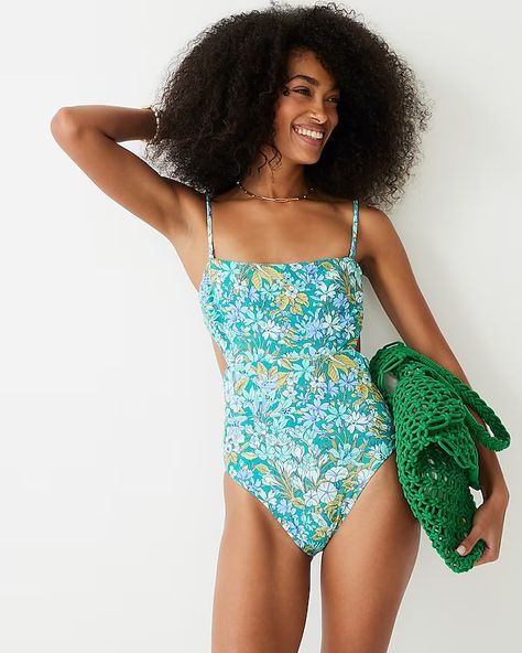 J.Crew: Cutout One-piece Swimsuit In Aqua Blooms For Women Cute One Piece Bathing Suits Modest, Modest One Piece Swimsuit, Cute One Piece Swimsuits, Strapless Bathing Suits, Full Coverage Swimsuit, Cutout Style, Bandeau One Piece Swimsuit, Modest Swimsuits