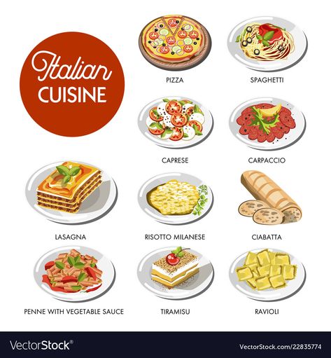 Italian cuisine food traditional dishes Royalty Free Vector Italy Traditional Food, Italy Food Recipes, Italian Food Illustration, Italian Food Menu, Traditional Italian Food, Isolated Icons, Spaghetti Pizza, Pizza Lasagna, Food Traditional