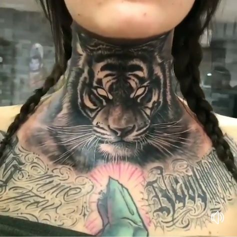 Animal Throat Tattoo, Lion Tattoo Neck, Tiger Tattoo Neck, Tiger Neck Tattoo, Neck Tats, Front Neck Tattoo, Chicanas Tattoo, Dorothy Zbornak, Best Neck Tattoos