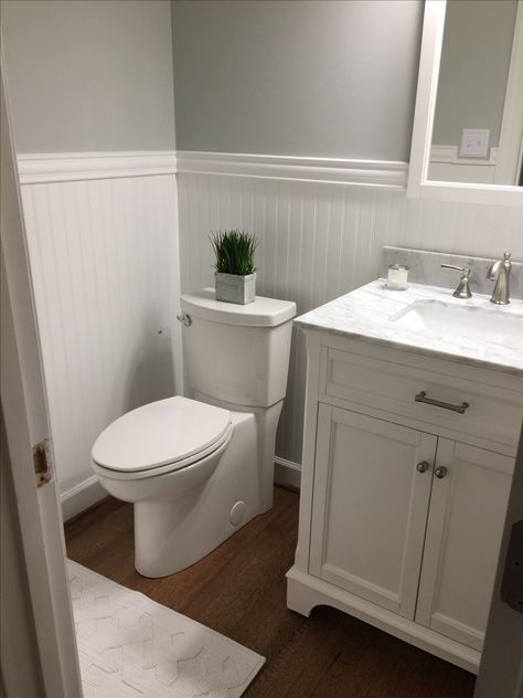 Beeboard Bathroom, Small Bathroom Ideas Beadboard, Beadboard Bathroom With Shelf, Vertical Beadboard Bathroom, Bathroom With Wanescoating, Bathroom Ideas With Paneling, Bathroom Remodel Wainscotting, White Bead Board Bathroom, Wanes Coating Bathroom Diy