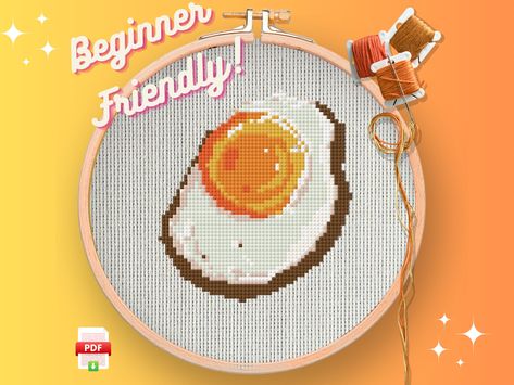 Super easy egg cross stitch pattern Ramen Cross Stitch, Croissant Cross Stitch, Sushi Cross Stitch Pattern, Home Decor Embroidery, Egg Cross Stitch, Easter Egg Cross Stitch, Beginner Cross Stitch, Kitchen Home Decor, Easy Eggs