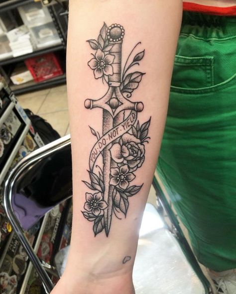 Book And Dagger Tattoo, Dagger And Flower Tattoo, Dagger With Flowers Tattoo, Dagger Flower Tattoo, Floral Dagger Tattoo, Feminine Dagger Tattoo, Dagger Tattoos, Pomegranate Tattoo, Ivy Tattoo