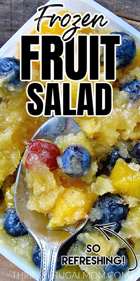 This simple frozen fruit salad is the perfect, refreshing summer recipe! It combines orange juice, lots of fruit and a little bit of sugar to create an easy slushy treat that is perfect as an appetizer, snack, side dish or even a healthy dessert.  So good! #thiftyfrugalmom #fruitsalad #frozenfruit #Amishrecipe #summerrecipe Fresh Fruit Ideas For Parties, Frozen Fruit Cups, Frozen Fruit Salad, Frozen Fruit Salads, Refreshing Summer Recipes, Canning Fruit, Fall Baking Recipes, Summer Salads With Fruit, Vegetable Side Dishes Recipes