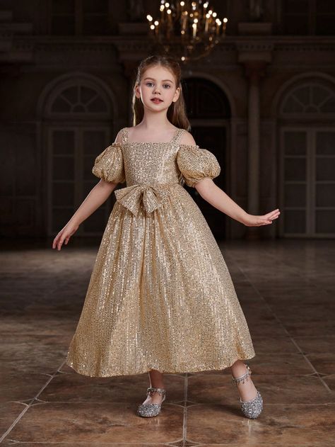 Champagne Party Collar Short Sleeve Sequins Plain A Line Embellished Slight Stretch  Tween Girls Clothing Shoulder Puff Sleeve, Whimsical Dress, Champagne Party, First Communion Dress, Trendy Blouse, Shimmer Dress, Trendy Blouses, Trendy Blouse Designs, Interesting Food