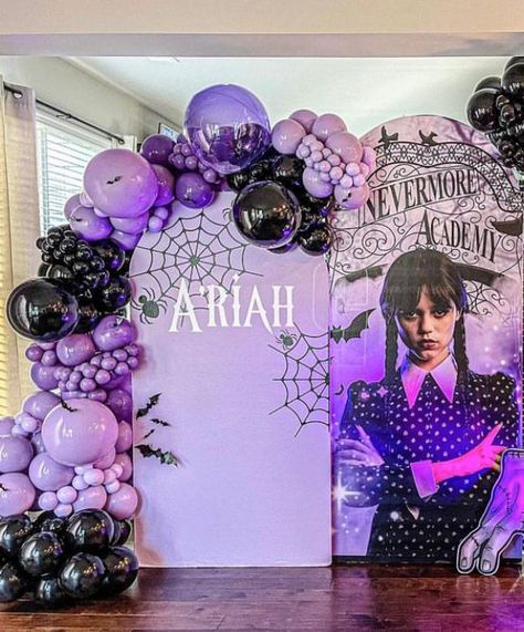 Wednesday Party Decorations, Wednesday Addams Backdrop, Wednesday Backdrop, Addams Family Party, Wednesday Addams Birthday Party, Addams Family Theme Party, Balloons Pictures, Wednesday Birthday, Events Theme