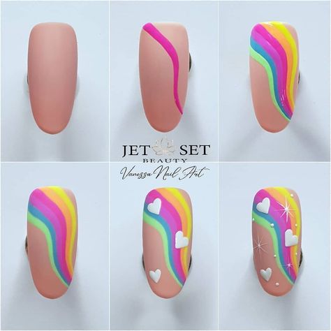 How To Draw Nail Art Step By Step, Easy Rainbow Nails, Nail Designs With Gel Polish, Rainbow Design Nails, Nail Art Step By Step Easy, Simple Rainbow Nails, Step By Step Nail Art For Beginners, Nail Tutorials Step By Step, Step By Step Nail Designs