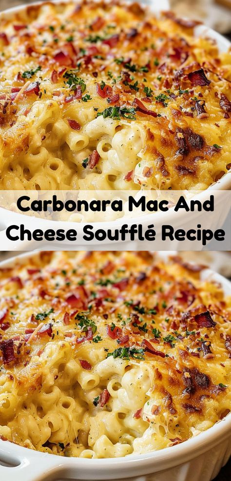 Fluffy Carbonara Mac and Cheese Soufflé, a unique take on a classic favorite. Gourmet Mac And Cheese Recipe, Cheese Souffle Recipes, Cheese Soufflé, Gourmet Mac And Cheese, Creamy Carbonara, Cheese Souffle, Souffle Recipes, Souffle Dish, Creamy Mac And Cheese