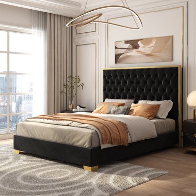 Black And Gold Bedroom Decor, Black Velvet Bed, Platform Bed Upholstered, Tufted Platform Bed, Black Bed Frame, Gold Bed, Black Headboard, Fabric Headboard, Gold Bedroom