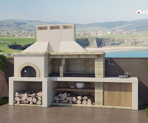 Barbacoa Jardin, Brick Bbq, Iroko Wood, Barbecue Design, Concrete Interiors, Wood Exterior, Steel Grill, Outdoor Bbq Kitchen, Backyard Fireplace