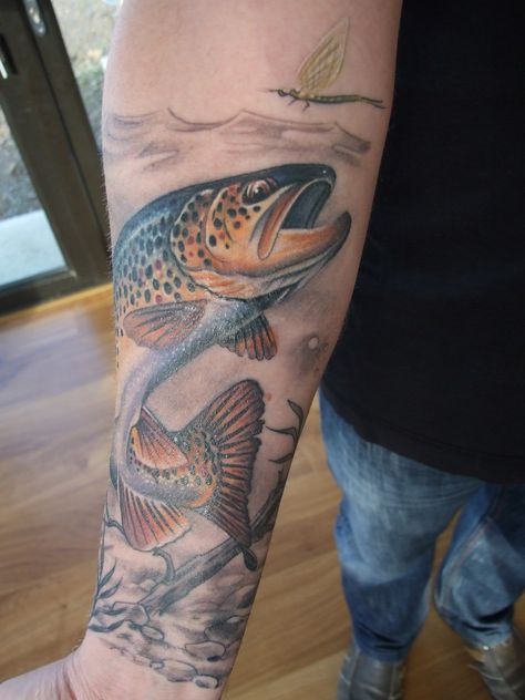 Detail of my Brown Trout tattoo by Ian Flynn Trout Fishing Tattoo, Trout Tattoos For Men, Brown Trout Tattoo, Redfish Art, Trout Tattoo, Fishing Tattoos, Fly Fishing Tattoo, Outdoor Tattoo, Fishing Tattoo