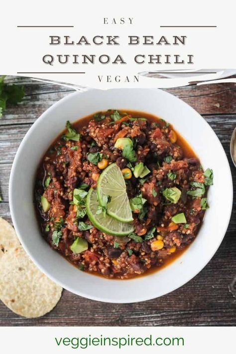 Packed with protein and healthy veggies, this vegan Black Bean Quinoa Chili is hearty and satisfying! Serve it up with all your favorite chili toppings and a side of tortilla chips for a filling meatless meal the whole family will love! Ready in under an hour! #vegan #glutenfree #chili #quinoa #dinner #blackbeans Quinoa And Beans, Black Bean Quinoa Chili, Vegan Quinoa Chili, Quinoa Chili Recipe, Easy Vegan Chili, Best Vegan Chili, Quinoa Chili, Chili Beans, Chili Toppings