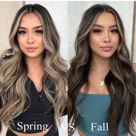 Balayage Hair Dimension, Brunette Hair Summer Highlights, Spring Brown Hair Balayage, Light Brown Hair Dark Highlights, Full Highlight On Black Hair, Neutral Beige Balayage, Blonde Teasy Lights On Dark Hair, Subtle Highlights With Money Piece, Balayage Hair On Tan Skin