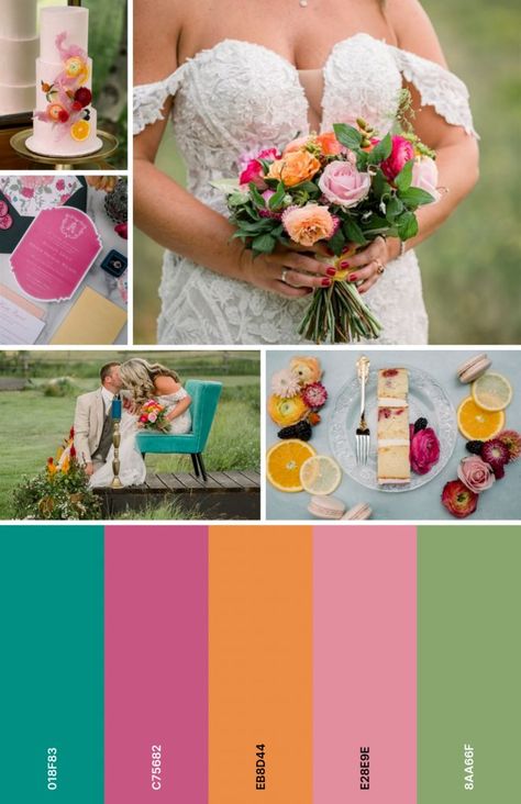 Electric Love - A Vibrant Wedding Color Palette Vibrant Wedding Colors, Bright Pink Wedding, Orange Wedding Themes, Orange And Pink Wedding, Unique Wedding Colors, Wedding Vows To Husband, Spring Wedding Color Palette, Bright Wedding Colors, Elegant Wedding Themes