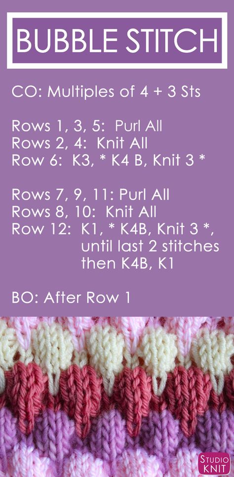 How to Knit the Bubble Stitch Pattern with free knitting pattern and video tutorial by Studio Knit 3d Bubbles, Bubble Stitch, Knitting Videos Tutorials, Studio Knit, Knitting Paterns, Knitting Instructions, Bobble Stitch, Knitting Videos, Easy Knitting Patterns