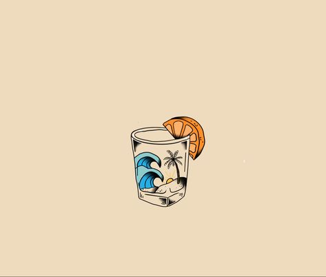 Beach tattoo shot glass orange godpuppet art Alcohol Glass Tattoo, Small Tequila Shot Tattoo, Beach Tattoo Ideas Men, Beach Tattoo Men, Shot Glass Tattoo Ideas, Margaritaville Tattoo, Tequila Tattoo Ideas, Margarita Glass Tattoo, Tequila Shot Tattoo