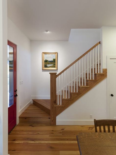 Architecture & Stairs 101| Types of Stairs, Materials, Designs Explained Staircase With Landing, Flush Mount Ceiling Lights Hallways, Cottage Staircase, Banister Remodel, Cottage Stairs, Farmhouse Staircase, Farmhouse Stairs, Types Of Stairs, Traditional Staircase