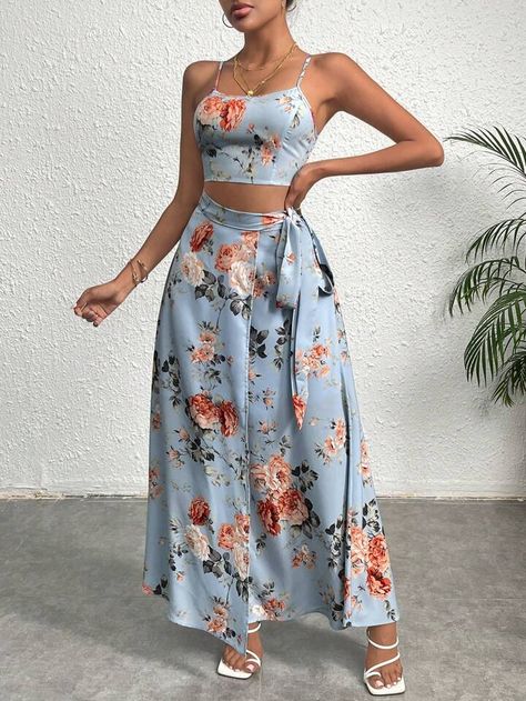 SHEIN VCAY Floral Print Cami Top & Knot Side Wrap Skirt | SHEIN USA Knotted Skirt Outfit, Knot Skirt, Summer Trends Outfits, Rock Outfit, Summer Outfits Kids, Sheer Skirt, Elegant Skirt, Summer Dress Outfits, Floral Wraps