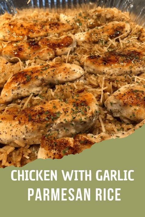 Chicken with Garlic Parmesan Rice is the perfect dish for easy weeknight dinners. This quick chicken and rice recipe is not only tasty but it uses ingredients you likely have on hand. Simply use chicken tenders, white rice and white wine to quickly whip up this easy dinner! This Chicken with Garlic Parmesan Rice is Bow Pasta Recipes, Quick Chicken And Rice, Dinner Recipe With Chicken, Garlic Parmesan Rice, Garlic Rice Recipes, Parmesan Rice, Chicken With Garlic, Chicken And Rice Recipe, Chicken Rice Recipes