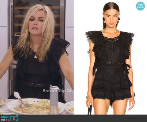 Tinsley’s black lace top and shorts on The Real Housewives of New York City.  Outfit Details: https://wornontv.net/184076/ #TheRealHousewivesofNewYorkCity Real Housewives Of New York Quotes, Black Bloomer Shorts, Hamptons Party, Real Housewives Tshirt, The Real Housewives Shirts, Real Housewives Of Disney Episode 3, Frill Shorts, Bodice Top, Housewives Of New York