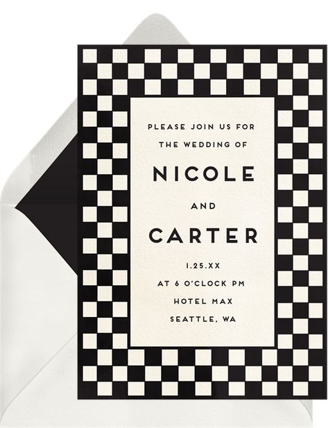 Checkered Wedding, Cars Wedding, Invitation Business, Timeless Wedding Invitations, Black And White Wedding, Wedding Theme Colors, Business Cards Creative, Card Illustration, Timeless Wedding