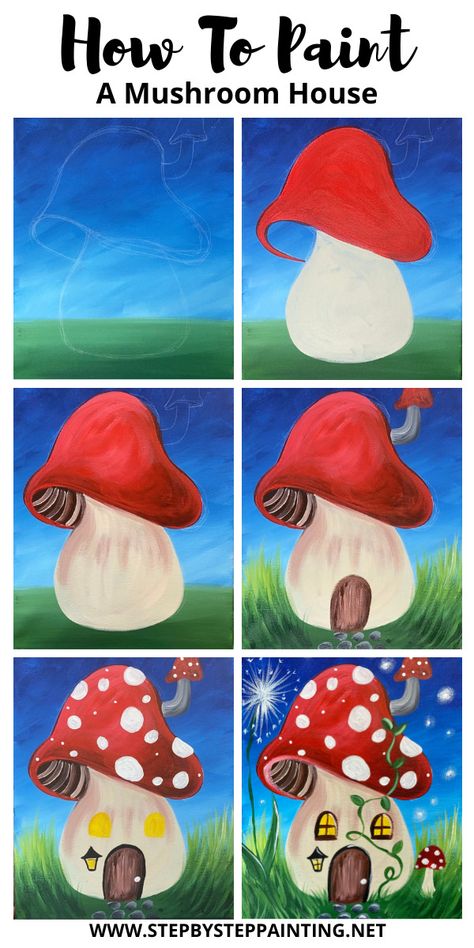 Paint A Mushroom, Mushroom House Painting, معرض فني, Painting With Acrylics, Canvas Painting Tutorials, Simple Canvas Paintings, Cute Canvas Paintings, Mushroom House, Easy Canvas Painting