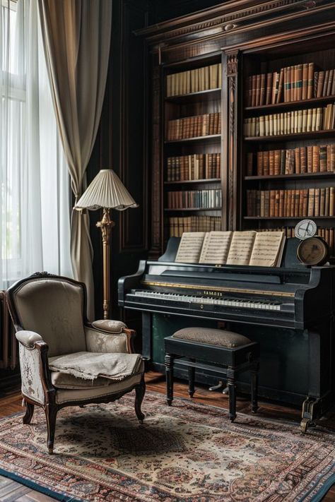 Dark Academia Home Library Aesthetic, Moody Home Library, Cinematography Reference, Dream Bookshelves, Moody Dark Academia, Instruments Piano, Vintage Minimalism, Library Corner, Feminine Dark