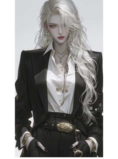 Mafia Hairstyle Girl, Girl In Suit Drawing, White Haired Woman Art, Female Black Suit, Mafia Outfits Female, Suit Drawing, Fantasy Dress, Girly Art, Character Outfits