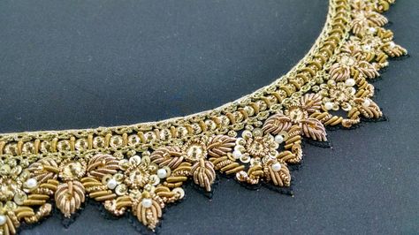 Neckline Zardozi work urgent oder Zardozi Embroidery Designs, Zardosi Work Design, Zardosi Embroidery, Gold Work Embroidery, Hand Work Design, Zardosi Work, Zardozi Work, Zardozi Embroidery, Crazy Quilting