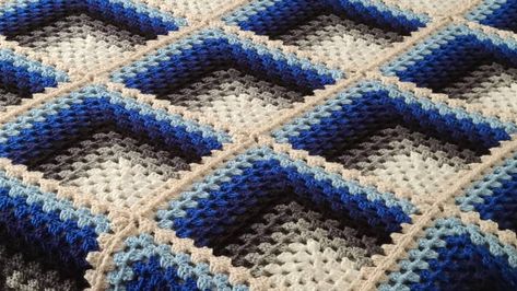 3D Granny Block Blanket – Jens Yarn Blog 3d Crochet Blanket Patterns Free, 3d Granny Square Blanket, 3d Mitered Granny Square, 3d Crochet Blanket, 3d Block Crochet Blanket, Granny Square Picture Blanket, Blue Crochet Granny Square Blanket, Blue And Green Granny Square Blanket, 2024 Crochet