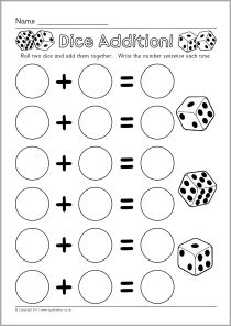 4 Dice addition worksheets  - SparkleBox Dice Addition, Simple Subtraction, Subtraction Activities, Multiplication Worksheets, Subtraction Worksheets, Addition Worksheets, Math Addition, Homeschool Math, Math Stations